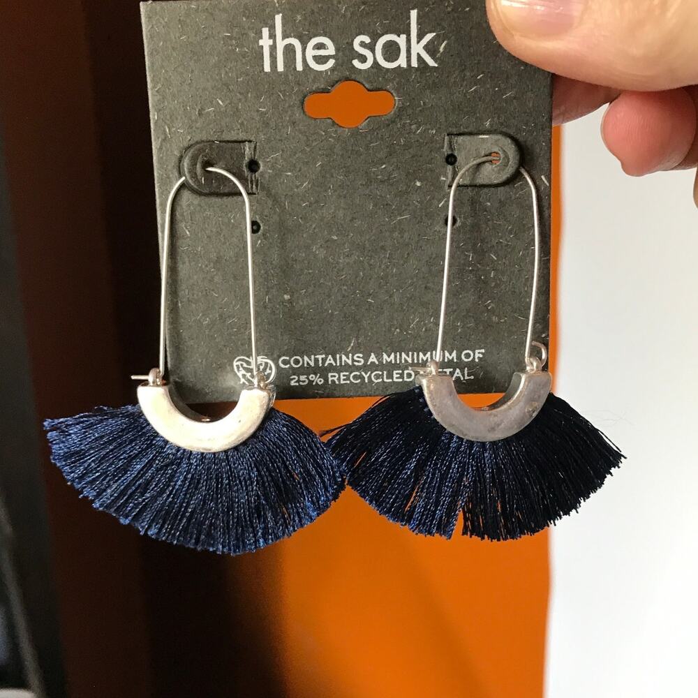 NWT The Sak Dark Blue and Silver Tassel Earrings boho mod fringe new on card